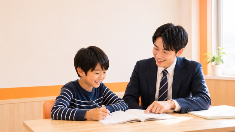 先生と一緒にノートに向かう小学生